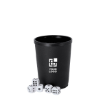 Gioco di dadi con bussolotto in plastica a texture ruvida vista area di stampa