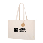 Borsa con soffietto in cotone riciclato con manici lunghi rinforzati 220g/m² vista area di stampa