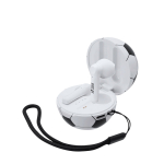 Auricolari in custodia a forma di pallone con maniglia per il trasporto vista area di stampa