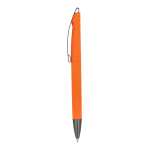 Penna a scatto in plastica con finitura soft touch e inchiostro blu color arancione