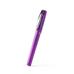 Penna roller in plastica con corpo metallizzato e inchiostro blu color viola prima vista d'uso