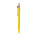 Penna con clip in metallo e pulsante in bambù, inchiostro blu color giallo seconda vista