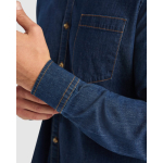 Camicia in denim di cotone con tessuto stretch 210g/m² Roly Direct Lujan color blu alice vista dettaglio 2