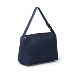Borsa frigo in tessuto denim con interno isotermico e manico con fibbia color blu alice prima vista d'uso