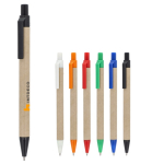 Penna in carta con dettagli in plastica colorata, inchiostro blu