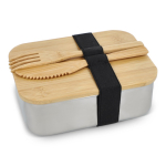 Lunch box in acciaio inox con coperchio in bambù, posate e chiusura elastica color argento