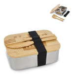 Lunch box in acciaio inox con coperchio in bambù, posate e chiusura elastica