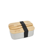 Lunch box in acciaio inox con coperchio in bambù, posate e chiusura elastica vista area di stampa