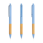 Penna a sfera con clip traslucida e impugnatura in bambù, inchiostro nero color azzurro