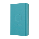Taccuino grande formato con chiusura elastica Moleskine a righe color azzurro pastello vista dettaglio con logo
