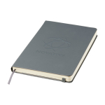 Taccuino grande formato con chiusura elastica Moleskine a righe color blu grigiastro vista dettaglio con logo