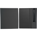 Set regalo con taccuino con copertina rigida e penna a inchiostro nero color nero terza vista frontale