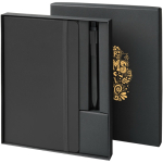 Set regalo con taccuino con copertina rigida e penna a inchiostro nero color nero vista con stampa serigrafica