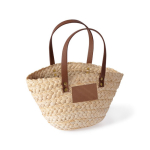 Borsa a cesta piccola in carta con manici corti ed etichetta da personalizzare color naturale prima vista