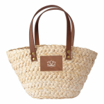Borsa a cesta piccola in carta con manici corti ed etichetta da personalizzare color naturale seconda vista