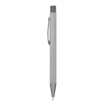 Penna in alluminio riciclato soft-touch con inchiostro blu color grigio chiaro terza vista