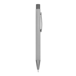 Penna in alluminio riciclato soft-touch con inchiostro blu color grigio chiaro quinta vista