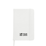 Taccuino A5 in PU riciclato con chiusura elastica e fogli bianchi color bianco vista area di stampa