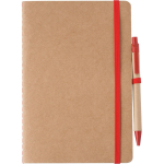 Taccuino A5 in cartone riciclato con penna e fogli bianchi color rosso prima vista