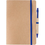 Taccuino A5 in cartone riciclato con penna e fogli bianchi color blu oltremare prima vista