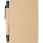 Blocco note in cartone con penna a inchiostro nero e fogli a righe color nero prima vista