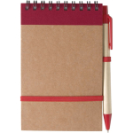 Blocco note in cartone riciclato con penna e chiusura elastica color rosso prima vista