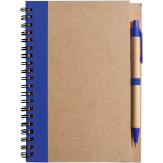 Blocco note A5 con copertina in cartone riciclato e penna, fogli a righe color blu prima vista