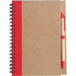 Blocco note A5 con copertina in cartone riciclato e penna, fogli a righe color rosso prima vista