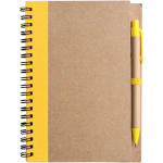 Blocco note A5 con copertina in cartone riciclato e penna, fogli a righe color giallo prima vista