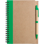 Blocco note A5 con copertina in cartone riciclato e penna, fogli a righe color verde prima vista