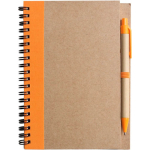 Blocco note A5 con copertina in cartone riciclato e penna, fogli a righe color arancione prima vista