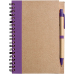 Blocco note A5 con copertina in cartone riciclato e penna, fogli a righe color viola prima vista