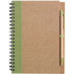 Blocco note A5 con copertina in cartone riciclato e penna, fogli a righe color verde chiaro prima vista
