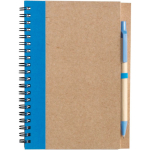 Blocco note A5 con copertina in cartone riciclato e penna, fogli a righe color azzurro prima vista