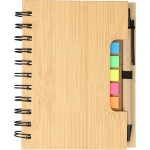Taccuino in bambù con note adesive, penna e pagine a righe color marrone prima vista