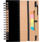 Taccuino in carta riciclata con note adesive, penna e fogli a righe color nero prima vista