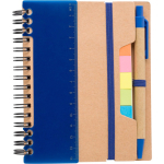 Taccuino in carta riciclata con note adesive, penna e fogli a righe color blu prima vista