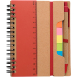 Taccuino in carta riciclata con note adesive, penna e fogli a righe color rosso prima vista