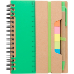 Taccuino in carta riciclata con note adesive, penna e fogli a righe color verde chiaro prima vista
