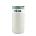 Tazza termica da viaggio in acciaio inox con coperchio a ribalta Dopper 300 ml color verde bosco vista area di stampa