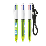 Penna a sfera in plastica con lanyard, inchiostro 3 colori e 1 evidenziatore BIC® color verde lime trasparente