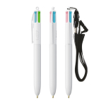 Penna in plastica BIC® a 4 colori con nastro da collo color bianco