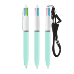 Penna in plastica BIC® a 4 colori con nastro da collo color acquamarina