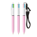 Penna in plastica BIC® a 4 colori con nastro da collo color rosa pastello