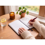 Quaderno A5 a righe con pianificazione mensile e fascia elastica vista ambiente