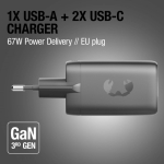 Caricatore rapido con tripla porta 1 USB-A e 2 USB-C Fresh'n Rebel 67W color grigio scuro nona vista
