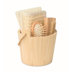 Set da bagno in secchiello di legno con accessori per la cura del corpo color legno seconda vista