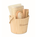 Set da bagno in secchiello di legno con accessori per la cura del corpo color legno seconda vista principale