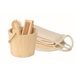 Set da bagno in secchiello di legno con accessori per la cura del corpo color legno terza vista