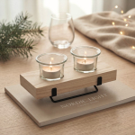 Portacandele decorativo con supporto in legno e ferro per 2 candele color legno vista ambiente